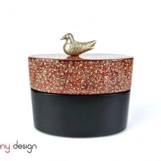 Oval black lacquer box with eggshell details, red cap attached with duck/Size L